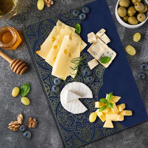 Lunarable Navy Blue and Yellow Cutting Board, Exotic Orient Style Ornament Ottoman Culture Inspired Pattern, Decorative