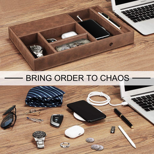 8 SITHON Valet Tray Desktop Organizer - Compartments Catchall EDC Tray PU Leather Bedside Vanity Nightstand Caddy Coin