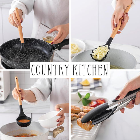 Country Kitchen Cooking Utensils Set - 40 pcs Non-stick Silicone Spatula Set with Holder and Wooden Handles