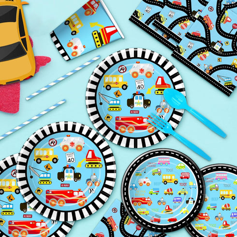 Xigejob 24 Traffic Jam Cars Trucks Transportation Birthday Party Supplies Dinnerware, Plate, Cup, Napkin, Tablecloth
