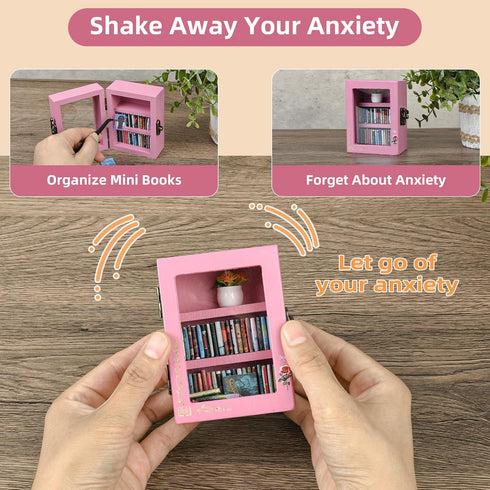 Pawnoc 60pcs Mini Bookshelf, with Mini Books, Plant Flowers, and Tweezers, Anxiety Bookshelf for Book Lovers