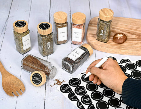 Set, Sets Glass Spice Jars with Label Bamboo Lids & Funnel - Kitchen Airtight Storage Jars with Lids - Spices
