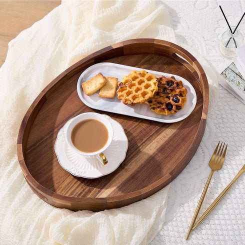 NAVORIX 17'' 13'' Counter Acacia Wood Serving Tray with Handles - x Round, Decorative Ottoman Trays for Breakfast, Home