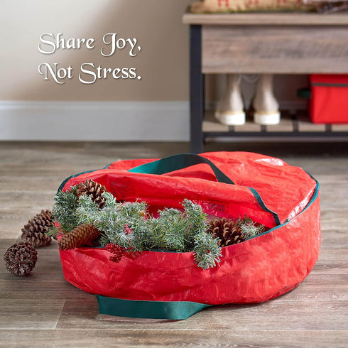 ZOBER Christmas Wreath Storage Container - 36 Inch Wreath Bag for Artificial Wreaths - Dual Zippered Wreath Storage W/Strong, Durable Handles - Red by ZOBER