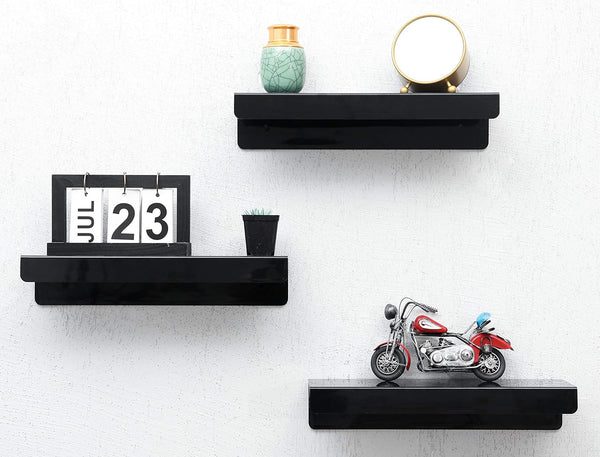 IEEK 15 Inch Black Acrylic Floating Wall Ledge Shelf, Wall Mounted Nursery Kids Bookshelf, Set of 3
