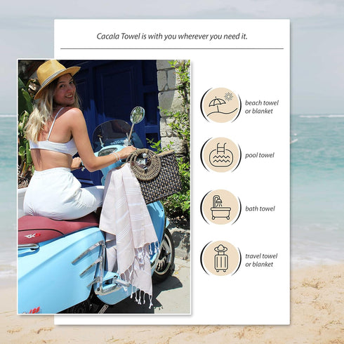 Cacala Lightweight Thin Turkish Beach Towel, 100% Cotton, Sand-Free, Quick-Drying, 37 x 70