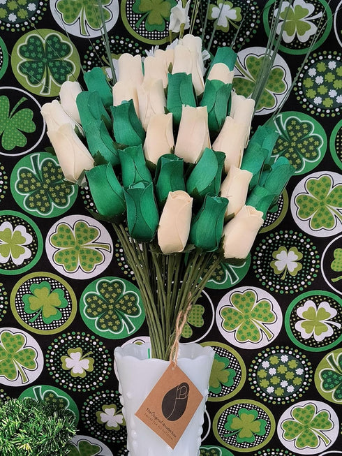 Closed Bud Roses Flower Bouquet - St. Patrick's Day Green and White (3 Dozen)