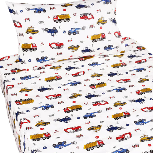 J-pinno 100% 3 Set Set Building Construction Car Truck Digger Transport Vehicle Twin Cotton Pieces Sheet for Kids Girls