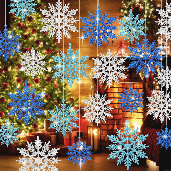 Whaline 45Pcs Winter Snowflake Hanging Ornaments - Glitter Blue Silver Pendants for Christmas Tree Decor