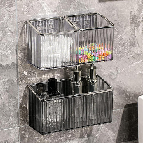 Qushy Floating Shelves Wall Bin Organizer, Adhesive Wall Mounted Plastic Storage for Makeup, Office, Kitchen