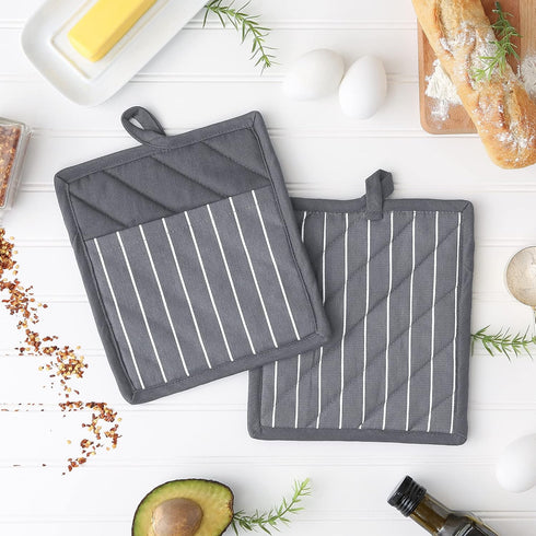 Professional Chef Stripe Kitchen Potholders, Commercial Grade, Gray