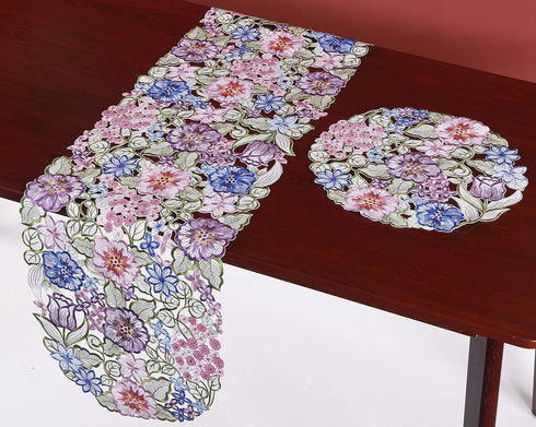 Flowery Table Runner 13"×54", Cutwork Embroidered Floral Dresser Scarf for Home Kitchen Dining