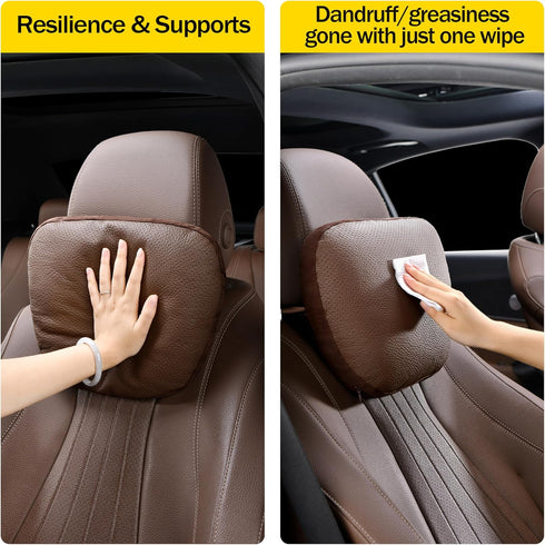 Leather,11.8x7.5,Plant-Based fillable(Black,1p) Genuine Leather Car Neck Pillow for headrest,Support Drive Seats Head