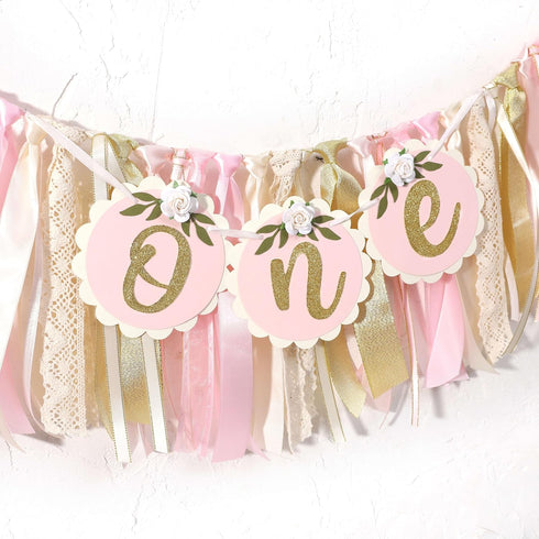 Agkvw 1st 1st Pink Golden Floral High Chair Banner - Rose Birthday Highchair Banner, Girls Birthday Decoration, Pink