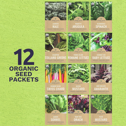 Pack 12 Packs 2026 Organic Healthy Greens Seeds Variety - Individual - Season - Arugula, Kale, Swiss Chard, Spinach