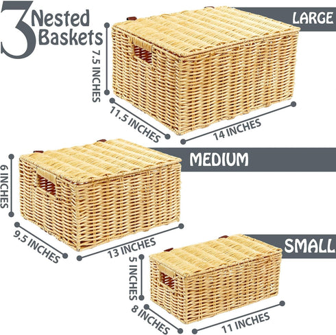 Milli's Product Set 3 Wicker Storage Baskets Hand Woven with Lids of (Large, Medium, Small) for Organizing Clothes