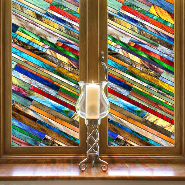 SUNBABY 3D Decorative Stained Glass Window Film: Vintage Window Privacy Film, Non-Adhesive Heat Control, 16.9 x 39.4