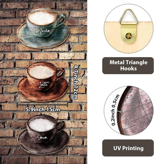 Blulu 3 Pcs Coffee Wooden Wall Art Decor - Retro Java Cup Wooden Sign for Kitchen and Dessert Shop