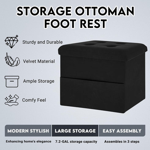 16"x12"x12" Zoes Homeware Small Storage Ottoman Foot Rest, Velvet Ottoman with Storage and Side Pocket, Black Foot Rest
