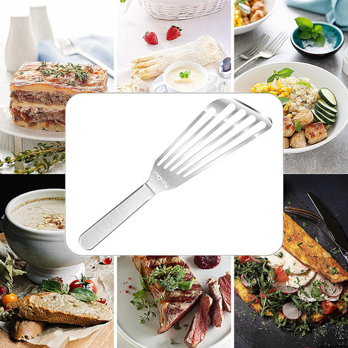 KSENDALO Thin Stainless Steel Fish Spatula, Flexible Slotted Egg Flipper with Angled Blade & Comfortable Grip