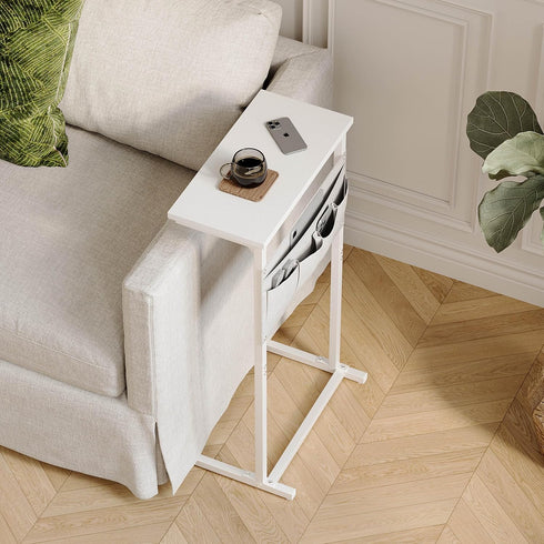 LET501W C Shaped End Table, Side Table for Sofa, Small TV Tray, Couch Table with Storage Bag for Small Space, Living