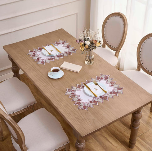 14x20 Set 2 (Set 2, White Dark Red Linen Lace Placemats of Coffee Table Topper Dresser Scarf Place Mats of Dark Red)