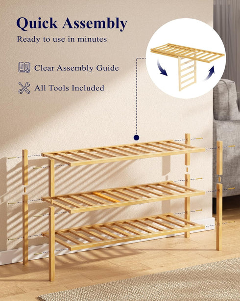 Closet 26.8" 11" 18.9", Kitsure Bamboo Wooden Shoe Rack for - Stackable Shoe Organizer with Modular Structure
