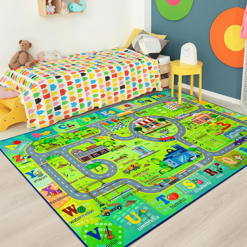 4x6 Chicrug Car Road Area Rug for Kids Playroom Bedroom, Non Slip Low Pile Washable ABC Alphabet Carpet for Classroom