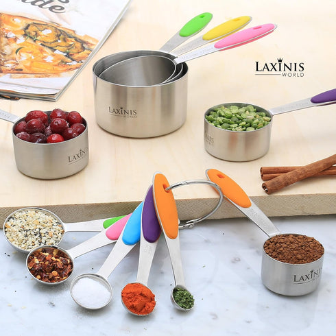 New Version! 11 Piece Measuring Cups and Spoons Set by Laxinis World - Stainless Steel with Silicone Handles