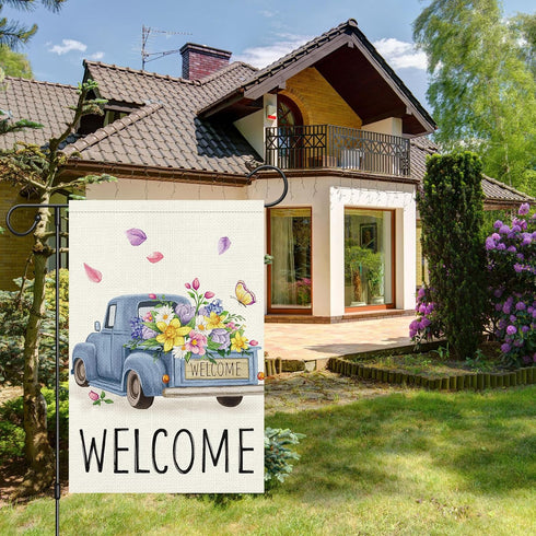 Welcome Spring Garden Flag 12x18 Double Sided Vertical Burlap Retro Truck Floral for Outdoor Decoration