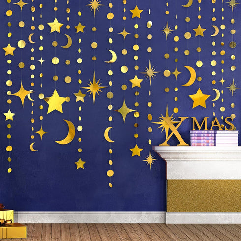 Gold Star Moon Circle Dot Garland Party Decorations Kit, Hanging Crescent & Twinkle Star Streamer Banner
