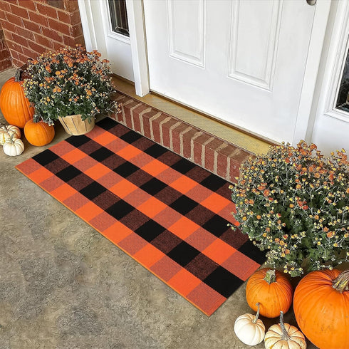 LEEVAN Orange and Black Buffalo Plaid Outdoor Rug 24"x 51", Washable Halloween Door Mat for Entryway
