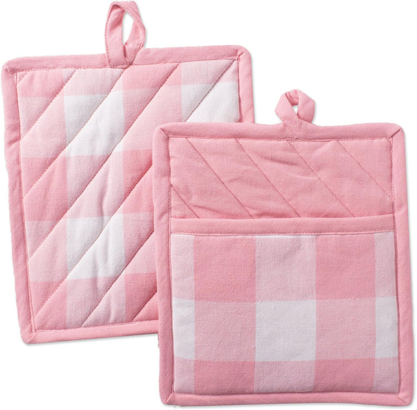 DII Buffalo Check Kitchen Collection - Classic Farmhouse Kitchen Set, Potholder, 2 Piece, Pink & White