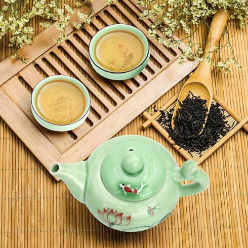 DELIFUR Celadon Handcrafted Porcelain Tea Set, Lotus Theme Tea Pot, Covered Teacup from China