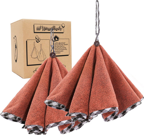 myHomeBody Hand Towels Set of 2, Absorbent Charcoal Fiber Cleaning Cloths with Hanging Loops, Brick Red