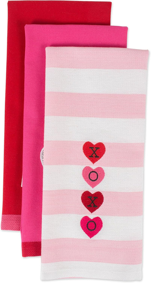 DII Valentine's Day Collection Kitchen Dishtowel Set, 3 Piece, 18x28, Embellished Hearts