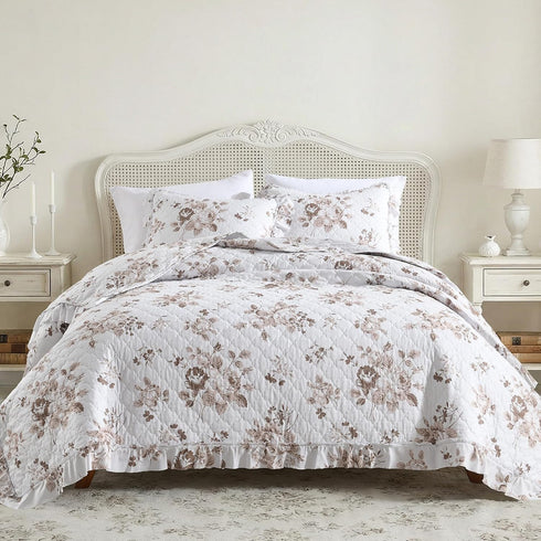 HORIMOTE HOME Khaki Ruffled Quilt Twin Size with 1 Pillow Sham, Shabby