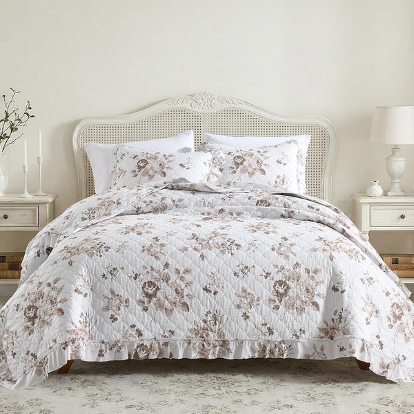 HORIMOTE HOME Khaki Ruffled Quilt Twin Size with 1 Pillow Sham, Shabby