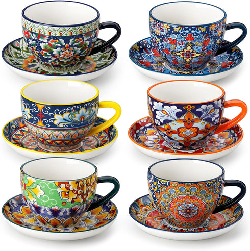 vancasso 8 oz Cappuccino Cups with Saucers Set of 6, Bohemian Ceramic