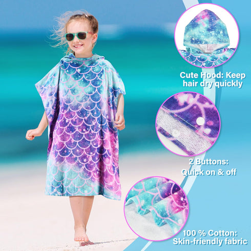 2-7 24 52-inch, 100% Tirrinia Mermaid Poncho Towels for Kids, Surf Beach Bath Swim Hooded Towels for Years Girls