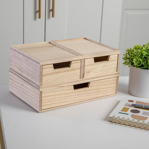 Martha Stewart Weston Stackable Wooden Storage Boxes with Pullout Drawers, 3 Pack, Light Natural