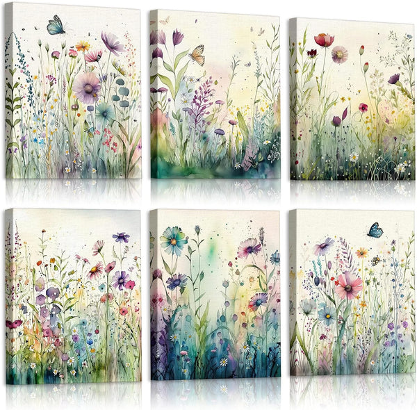 Vercraft 6 Pcs Framed Watercolor Flowers Canvas Wall Art, Colorful Wildflower Decor for Home Office Bedroom 8 x 10 Inch