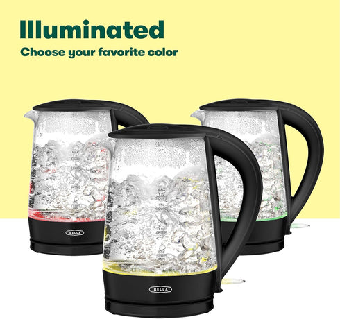 BELLA 1.7 Liter Glass Electric Kettle, Quickly Boil 7 Cups of Water, Auto Shut-Off, Black