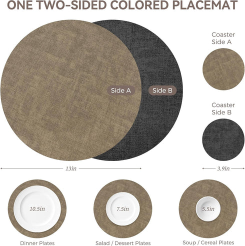 13" Set 6, Round Placemats of NCUE Dual-Sided Faux Leather Heat Resistant Table Mats, Waterproof Oilproof Washable