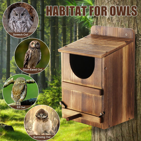 1 Set Owl House, Barn Owl Nesting Box with Bird Stand and Wood Shavings, Large Wooden Screech Nesting Box for Outside