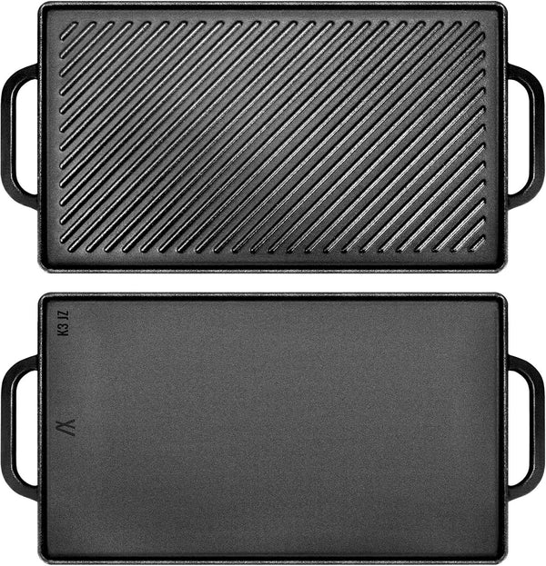 GGC Cast Iron Reversible Griddle, Double-sided 15 x 9 Griddle Pan for Indoor and Outdoor Cooking, Flat and Ribbed Side