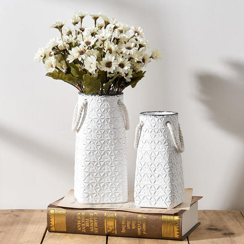 7 inch Vaseking Elegant White Petite Vase, Ceramic Modern Minimalism Geometric Texture Purse Vase with Hanging Rope