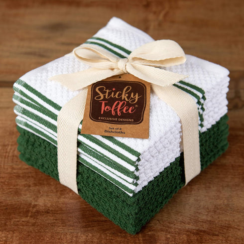 Kitchen Towels Dishcloths, 100% Cotton, Set of 8, Dark Green and White Reusable Cleaning Cloths