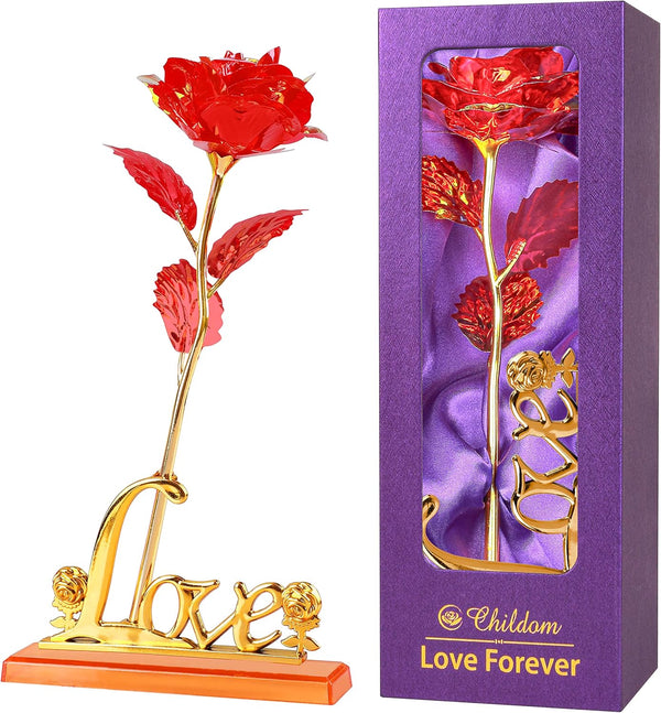 Childom Birthday Gifts for Women, Christmas Red Rose with Love Stand for Mom, Sweet Artificial Flower