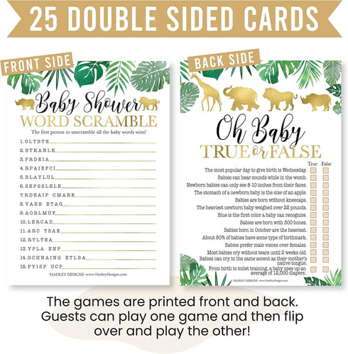Hadley Designs Hilarious Baby Shower Games Set – 25 Double-Sided Cards for 25 Guests, Word Scramble, True or False